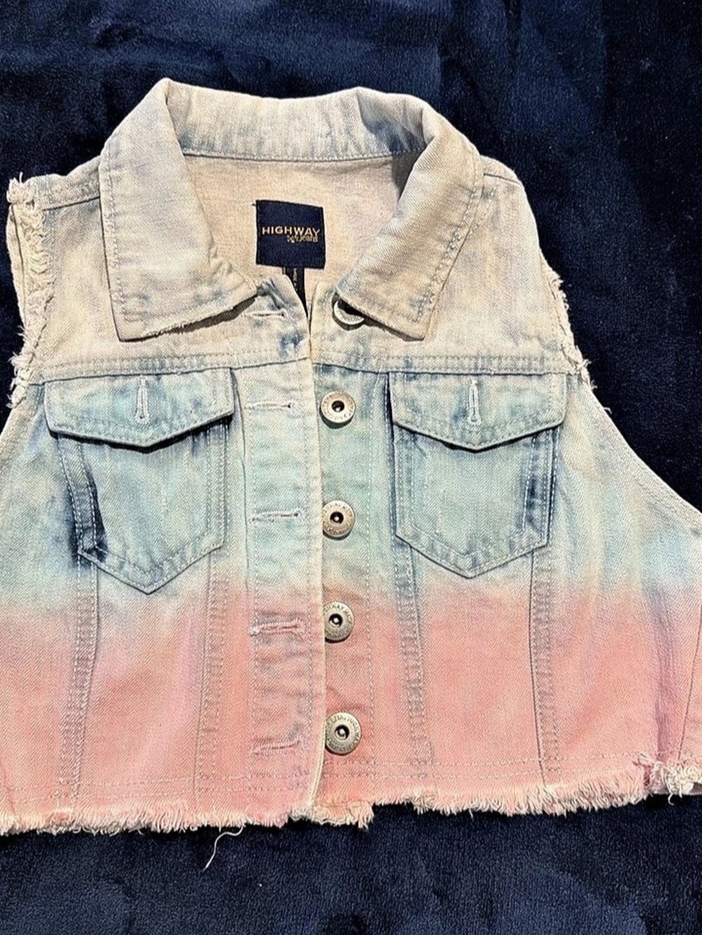 Highway Jeans Distressed Denim Vest in Blue & Pink Size Small